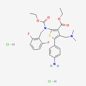 3-Thiophenecarboxylic acid, 5-(4-aminophenyl)-2-[[(2,6-difluorophenyl)methyl](ethoxycarbonyl)amino]-4-[(dimethylamino)methyl]-, ethyl ester, hydrochloride (1:2) structure, CAS 2768834-98-4