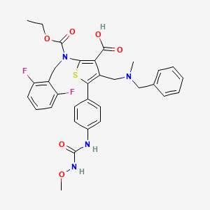 3-Thiophenecarboxylic acid, 2-[[(2,6-difluorophenyl)methyl](ethoxycarbonyl)amino]-5-[4-[[(methoxyamino)carbonyl]amino]phenyl]-4-[[methyl(phenylmethyl)amino]methyl]- structure, CAS 308831-99-4
