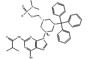 ((2S,6R)-6-(2-isobutyramido-6-(4-nitrophenethoxy)-9H-purin-9-y1)-4-trityimorphol in-2-yl) methyl dimethylphosphoramidochloridate structure, CAS 2708274-72-8