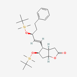 2H-Cyclopenta[b]furan-2-one, 5-[[(1,1-dimethylethyl)dimethylsilyl]oxy]-4-[(1E,3S)-3-[[(1,1-dimethylethyl)dimethylsilyl]oxy]-5-phenyl-1-penten-1-yl]hexahydro-, (3aR,4R,5R,6aS)- structure, CAS 1240483-15-1