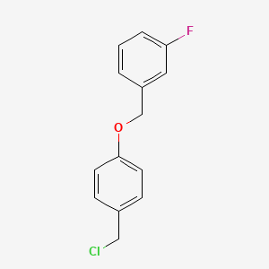 1-((4-(chloromethyl)phenoxy)methyl)-3-fluorobenzene structure, CAS 1036549-60-6