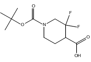 1-(tert-butoxycarbonyl)-3,3-difluoropiperidine-4-carboxylic acid structure, CAS 1303972-81-7