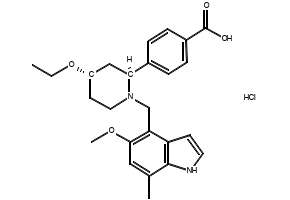 Benzoic acid, 4-[(2S,4S)-4-ethoxy-1-[(5-methoxy-7-methyl-1H-indol-4-yl)methyl]-2-piperidinyl]-, hydrochloride, hydrate (1:1:1) structure, CAS 2447007-60-3