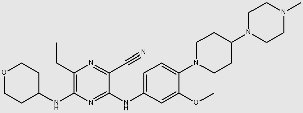 2-Pyrazinecarbonitrile, 6-ethyl-3-[[3-methoxy-4-[4-(4-methyl-1-piperazinyl)-1-piperidinyl]phenyl]amino]-5-[(tetrahydro-2H-pyran-4-yl)amino]- structure, CAS 2043019-99-2