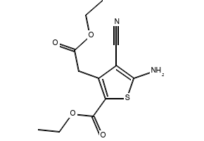 Ethyl 5-amino-4-cyano-3-(2-ethoxy-2-oxoethyl)thiophene-2-carboxylate structure, CAS 58168-20-0