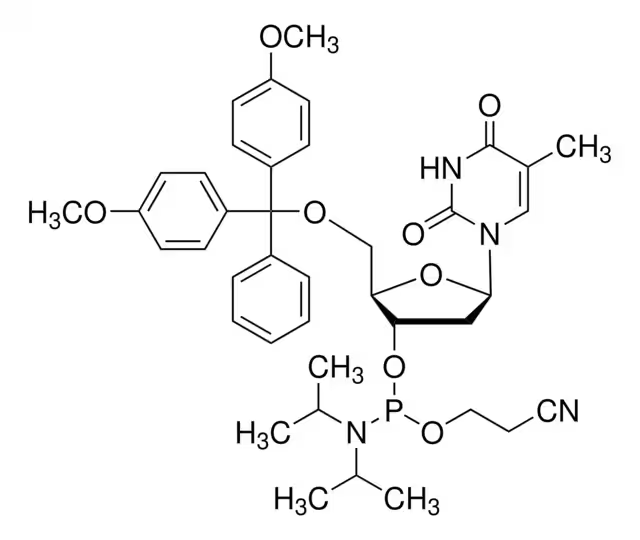 5'-Dimethoxytrityl-3'-deoxythymidine 2'-[(2-cyanoethyl)-(N,N-diisopropyl)]-phosphoramidite structure, CAS 98796-51-1