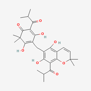 4-[[5,7-dihydroxy-2,2-dimethyl-8-(2-methylpropanoyl)chromen-6-yl]methy l]-3,5-dihydroxy-6,6-dimethyl-2-(2-methylpropanoyl)cyclohexa-2,4-dien- 1-one structure, CAS 10-00-4