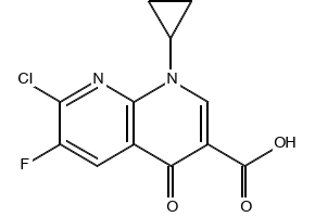 7-Chloro-1-cyclopropyl-6-fluoro-4-oxo-1,4-dihydro-1,8-naphthyridine-3-carboxylic acid structure, CAS 100361-18-0
