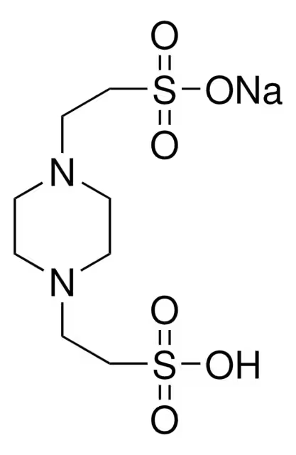 Piperazine-N,N'-bis(2-hydroxypropanesulphonic acid) disodium salt structure, CAS 108321-07-9