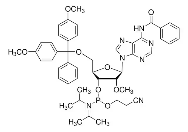 N-Benzoyl-5'-O-(4,4-dimethoxytrityl)-2'-O-methyladenosine-3'-(2-cyanoethyl-N,N-diisopropyl)phosphoramidite structure, CAS 110782-31-5