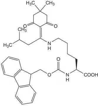 N-Fmoc-N'-[1-(4,4-Dimethyl-2,6-dioxocyclohex-1-ylidene)-3-methylbutyl]-L-lysine structure, CAS 204777-78-6