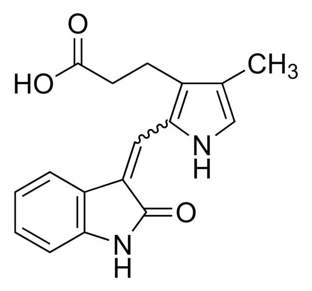 2-[(1,2-Dihydro-2-oxo-3H-indol-3-ylidene)methyl]-4-methyl-1H-pyrrole-3-propanoic acid structure, CAS 215543-92-3