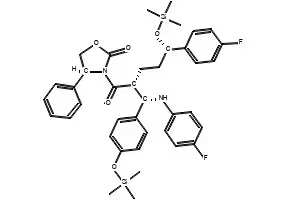 3-[(2R,5S)-5-(4-Fluorophenyl)-2-[(S)-[(4-fluorophenyl(amino)]][4-[trimethylsilyl]-oxy]phenyl]methyl]-1-oxo-5-[(trimethylsily)-oxy]pentyl]-4-phenyl-(4S)-2-oxazolidinone structure, CAS 272778-12-8