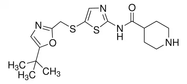 N-[5-[[[5-(1,1-Dimethylethyl)-2-oxazolyl]methyl]thio]-2-thiazolyl]-4-piperidinecarboxamide hydrochloride structure, CAS 345627-90-9
