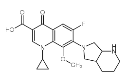 1-Cyclopropyl-7-(2,8-diazabicyclo[4.3.0]non-8-yl)-6-fluoro-8-methoxy-4-oxoquinoline-3-carboxylic acid structure, CAS 354812-41-2