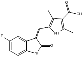 5-((Z)-(5-Fluoro-2-oxoindolin-3-ylidene)methyl)-2,4-dimethyl-1H-pyrrole-3-carboxylic acid structure, CAS 356068-93-4