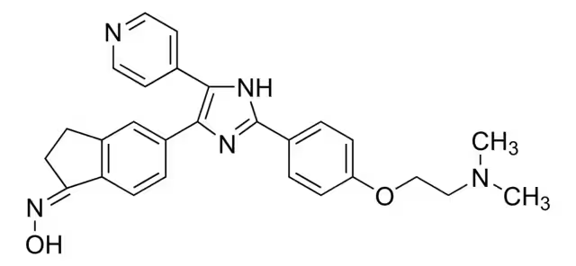 5-[2-[4-[2-(Dimethylamino)ethoxy]phenyl]-5-(4-pyridinyl)-1H-imidazol-4-yl]-2,3-dihydro-1H-inden-1-one oxime structure, CAS 405554-55-4