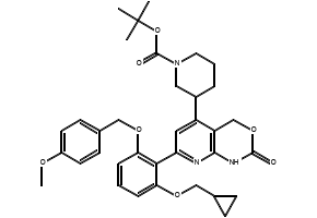 3-[7-[2-(Cyclopropylmethoxy)-6-[(4-methoxyphenyl)methoxy]phenyl]-1,4-dihydro-2-oxo-2H-pyrido[2,3-d][1,3]oxazin-5-yl]-1-piperidinecarboxylic acid tert-butyl ester structure, CAS 406213-01-2