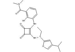 3-[[3-[(Dimethylamino)carbonyl]-2-hydroxyphenyl]amino]-4-[[(R)-1-(4-isopropylfuran-2-yl)propyl]amino]cyclobut-3-ene-1,2-dione structure, CAS 473728-58-4