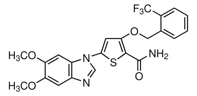3-(2-(Trifluoromethyl)benzyloxy)-5-(5,6-dimethoxy-1H-benzo[d]imidazol-1-yl)thiophene-2-carboxamide structure, CAS 660868-91-7