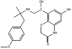6-Hydroxy-8-[(1R)-1-hydroxy-2-[[2-(4-methoxyphenyl)-1,1-dimethylethyl]amino]ethyl]-2H-1,4-benzoxazin-3(4H)-one structure, CAS 868049-49-4