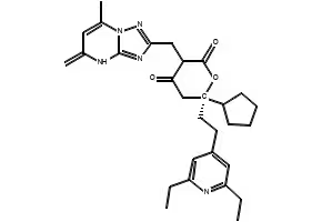 (R)-6-Cyclopentyl-6-[2-(2,6-diethylpyridin-4-yl)ethyl]-3-[(5,7-dimethyl-[1,2,4]triazolo[1,5-a]pyrimidin-2-yl)methyl]-4-hydroxy-5,6-dihydro-2H-pyran-2-one structure, CAS 877130-28-4