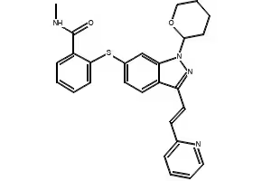 N-Methyl-2-[[3-[(1E)-2-(2-pyridinyl)ethenyl]-1-(tetrahydro-2H-pyran-2-yl)-1H-indazol-6-yl]thio]benzamide structure, CAS 885126-35-2