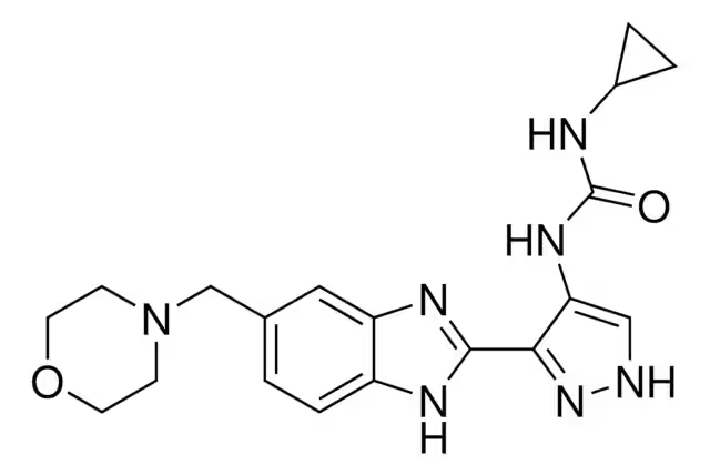 1-Cyclopropyl-3-(3-(5-(morpholinomethyl)-1H-benzo[d]imidazol-2-yl)-1H-pyrazol-4-yl)urea structure, CAS 896466-04-9