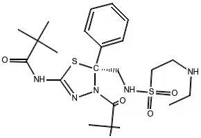(-)-N-[4-(2,2-Dimethylpropanoyl)-5-[[2-(ethylamino)ethanesulfonamido]methyl]-5-phenyl-4,5-dihydro-1,3,4-thiadiazol-2-yl]-2,2-dimethylpropanamide structure, CAS 910634-41-2