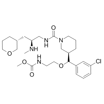 N-[2-[(R)-(3-Chlorophenyl)[(3R)-1-[[[(2S)-2-(methylamino)-3-[(3R)-tetrahydro-2H-pyran-3-yl]propyl]amino]carbonyl]-3-piperidinyl]methoxy]ethyl]carbamic acid methyl ester structure, CAS 942142-51-0