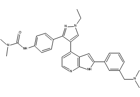 N'-[4-[4-[2-[3-[(Dimethylamino)methyl]phenyl]-1H-pyrrolo[2,3-b]pyridin-4-yl]-1-ethyl-1H-pyrazol-3-yl]phenyl]-N,N-dimethylurea structure, CAS 942918-07-2
