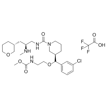 N-[2-[(R)-(3-Chlorophenyl)[(3R)-1-[[[(2S)-2-(methylamino)-3-[(3R)-tetrahydro-2H-pyran-3-yl]propyl]amino]carbonyl]-3-piperidinyl]methoxy]ethyl]carbamic acid methyl ester 2,2,2-trifluoroacetate structure, CAS 1013937-63-7