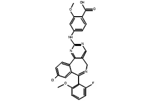 4-[[9-Chloro-7-(2-fluoro-6-methoxyphenyl)-5H-pyrimido[5,4-d][2]benzazepin-2-yl]amino]-2-methoxybenzoic acid structure, CAS 1028486-01-2