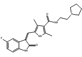 (Z)-5-(5-Fluoro-2-oxo-2,3-dihydro-1H-indol-3-ylidenemethyl)-2,4-dimethyl-N-[2-(1-pyrrolidinyl)ethyl]-1H-pyrrole-3-carboxamide structure, CAS 356068-94-5