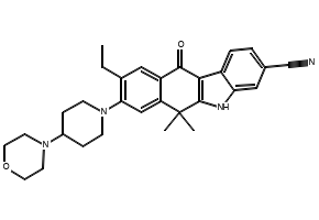 9-Ethyl-6,11-dihydro-6,6-dimethyl-8-[4-(4-morpholinyl)-1-piperidinyl]-11-oxo-5H-benzo[b]carbazole-3-carbonitrile structure, CAS 1256580-46-7