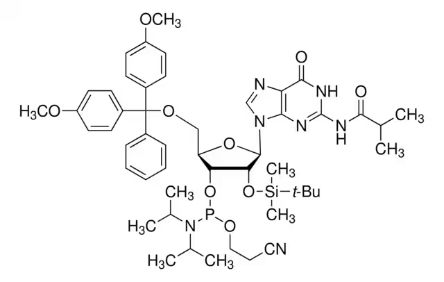 5'-O-(4,4-Dimethoxytrityl)-2'-O-[(tert-butyl)dimethylsilyl]-N-isobutyrylguanosine-3'-(2-cyanoethyl-N,N-diisopropyl)phosphoramidite structure, CAS 147201-04-5