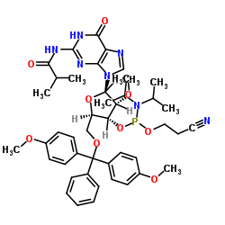 5'-O-(4,4-Dimethoxytrityl)-2'-O-methyl-N-isobutyrylguanosine-3'-(2-cyanoethyl-N,N-diisopropyl)phosphoramidite structure, CAS 150780-67-9