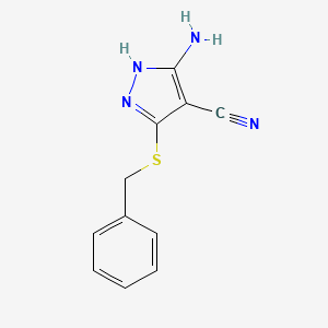3-amino-5-(benzylthio)-1H-pyrazole-4-carbonitrile structure, CAS 133863-83-9