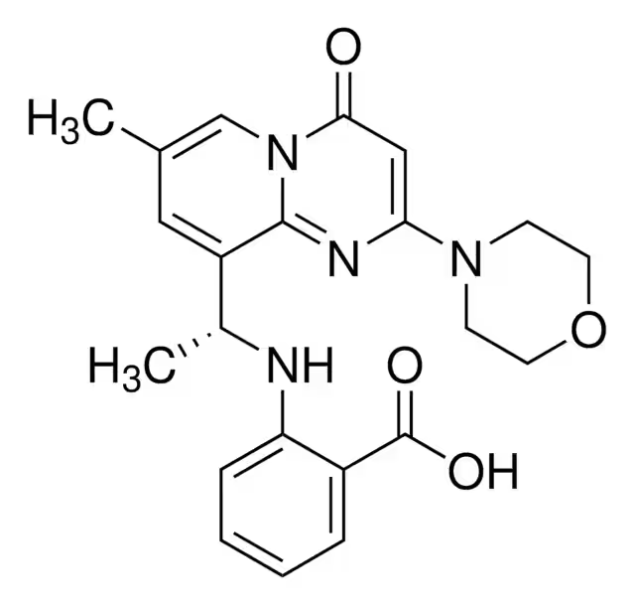 (R)-2-(1-(7-Methyl-2-morpholino-4-oxo-4H-pyrido[1,2-a]pyrimidin-9-yl)ethylamino)benzoicacid structure, CAS 1173900-33-8