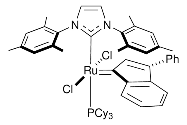 Tricyclohexylphosphine[1,3-bis(2,4,6-trimethylphenyl)imidazol-2-ylidene][3-phenyl-1H-inden-1-ylidene]ruthenium(II)dichloride structure, CAS 254972-49-1