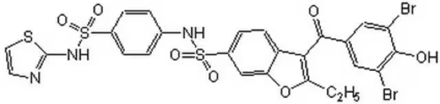 3-(3,5-Dibromo-4-hydroxybenzoyl)-2-Ethyl-N-[4-[(2-thiazolylamino)sulfonyl]phenyl]-6-benzofuransulfonamide structure, CAS 765317-72-4