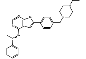 (R)-6-(4-((4-Ethylpiperazin-1-yl)methyl)phenyl)-N-(1-phenylethyl)-7H-pyrrolo[2,3-d]pyrimidin-4-amine structure, CAS 497839-62-0